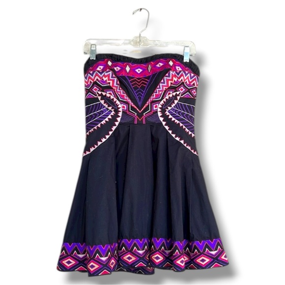 Karen Millen Dresses & Skirts - Karen Millen Purple/Pink Tribal-Embroidered-Trimmed Black Strapless Mini Size 8